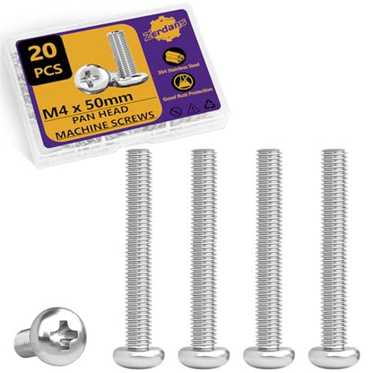 20Pcs M4x50mm Phillips Pan Head Machine Screws Kit 304 SS for DIY | Full Thread, Anti-Rust & Anti-Corrosion, For Furniture Repair, Electronics & 3D Printer Small Models, Storage Case Included - size: M4x50mm