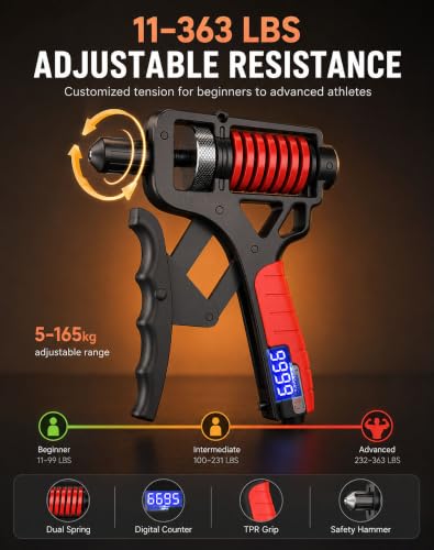 Adjustable Digital Counting Hand Grip Strengthener, 11-363 lbs | Double Spring Grip Strength Trainer, Smart Electronic Counter, 11-363 lbs Forearm Exerciser For Climbing And Fitness - color: 2 Pcs