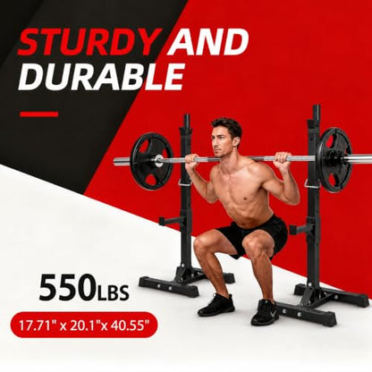 JupiterForce Adjustable Squat Rack Stands, Pair of Sturdy Steel Bench Press Rack, Barbell Rack, 40''-66'' 550lbs Max Load Portable Dumbbell Racks Stands for Home Gym, Black