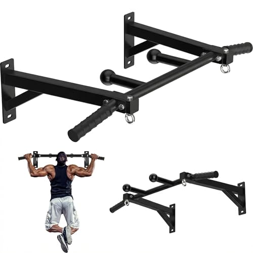 Upgrade Wall Mount Pull Up Bar, Heavy Duty Steel PullUp Bar Fits 24'' Wood Studs, Multi Grip Pull Up Bar with Ball Finger & Round Rings, for Home Gym Garage Basement Strength Training Chin Up Bar