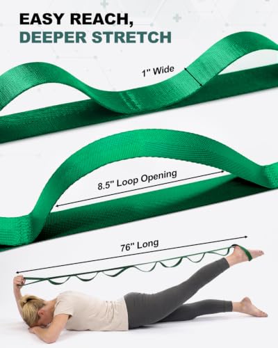 Trideer Non-Elastic Stretching Strap with Loops for Physical Therapy & Rehab, Knee Hip Leg ROM Post-Surgery, Yoga Strap for Stretching, Leg Lifter Strap Mobility Aid, Hamstring Calf Back - color: Emerald Green