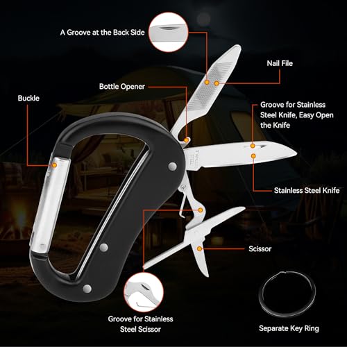 Multitool Carabiner with Pocket Knife, Stocking Stuffers Gifts for Men,Bottle Opener,Nail file,Small Scissors,EDC Carabiners Keychain,Survival Gear for Camping Hiking（Black) - color: Black