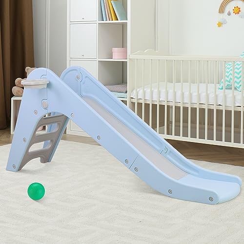 Toddler Indoor Slide, Foldable Baby Climber Playset with Basketball & Hoop | 63 in Extra Long Slope, Non-Slip Steps, Sturdy Plastic, Outdoor Playground for Backyard, Home & Playroom Use, Sky Blue - color: Sky Blue