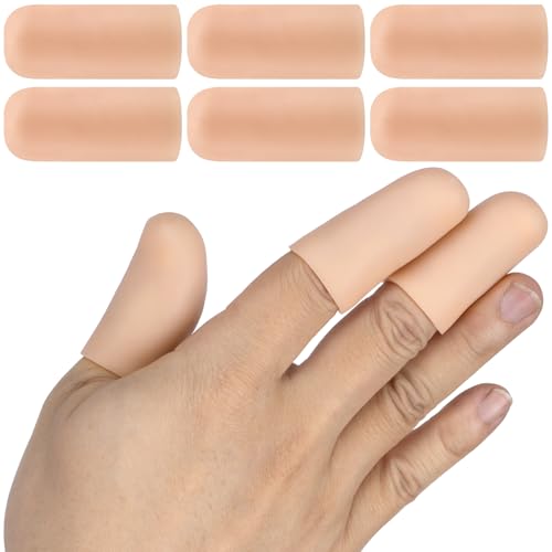 PAGOW 6 Pcs Gel Finger Cots/Covers, Silicone Finger Protector Support, Finger Caps Finger Sleeves Thumb Protector for Finger Cracking Trigger Finger Arthritis Pain Relief (Beige) - color: Beige