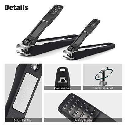 FERYES Nail Clippers with Catcher 2 PCS Set, No Splash Fingernail Clipper and Toenail Clipper, Stainless Steel Nail Cutters - W/Black Metal Case Packing - color: Black 2pcs