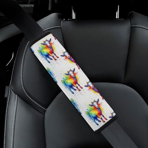 2 Pack Rainbow Watercolor Goat White Car Seat Straps Shoulder Pads Soft Padded Seat Belt Cushion for Kids, All Vehicles, Pressure Relief - color: Pattern 755