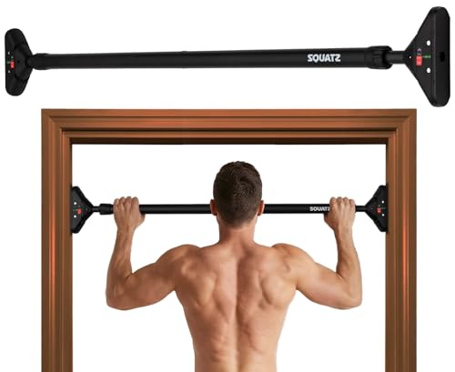 Squatz Doorway Pull Up Bar, Adjustable Door Frame Pull Up Bar with Level Meter, Locking Mechanism & Foam Grips, No Drill Chin Up Bar for Door Frame, Portable Design for Home Workouts - size: 45-55″