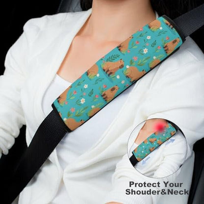 Breathable Seat Belt Shoulder Pad for Adults and Children, Stroller Pushchair High Chair, 2 Pack Capybara Floral Green Neck Strap Covers Easy Install (No Tool) - color: Pattern 283