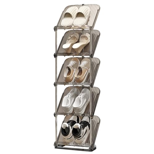 YYW Transparently Narrow Shoe Rack, Vertical Shoe Rack for Entryway Corner | Small Shoe Storage Organizer, Save Space Slim Shoe Shelf for Front Door Entrance, Easy To Assemble, PET Material - color: Grey, size: 5 Tier