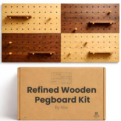 Wooden Pegboard Wall Organizer Kit – Modern Density Wood Peg Board with Shelves & Hooks – 2 Tone Natural & Brown Wood-Look Wall Organizer for Office Setup or Home Decor Storage Rack