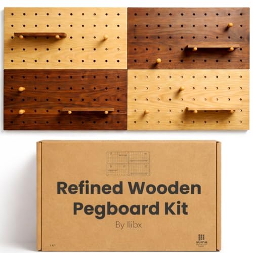 Wooden Pegboard Wall Organizer Kit – Modern Density Wood Peg Board with Shelves & Hooks – 2 Tone Natural & Brown Wood-Look Wall Organizer for Office Setup or Home Decor Storage Rack