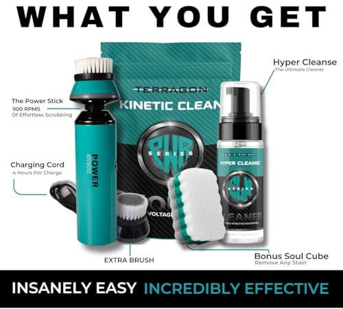 Terragon Kinetic Cleanse Shoe Cleaning Kit with Electric Shoe Cleaner Brush - Hyper Cleanse Remove Tough Stains from Leather, Nubuck, Fabric Shoes - Bonus Shoe Cube for Soles, Color-safe, Solvent-free