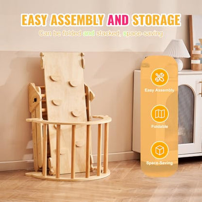 Happybuy 5-in-1 Toddler Climbing Set, Montessori Pikler Triangle, Ramp & Arch, Medium Wooden Playground for 1-3 Years, Indoor Climbing Gym, Wood Color