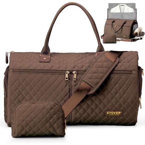 STOVER Women’s Convertible Garment Duffel Bag for Travel – 2-in-1 Carry-On Weekender/Overnight Tote - Wrinkle-Free Dresses, Suits & Clothes + Shoe Compartment & Bonus Toiletry Bag (Mocha Brown) - color: Mocha Brown