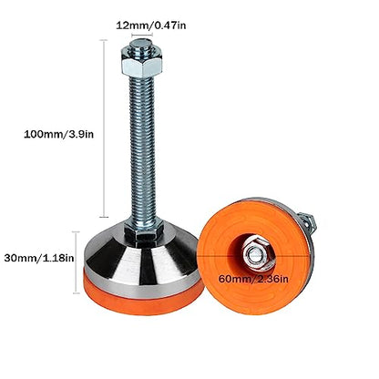 Heavy Duty Leveling Feet,M12 Thread,1300 lb Capacity,4 Pack | Stainless Steel Adjustable Leg Leveler for Shelving, Workbench, Machinery Devices ,2.36" Dia Base with Anti-Slip Nylon Pad - size: D60xM12x100,4 Pack