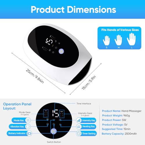 Hand Massager | Heat and Compression, Deep Kneading & Intermittent Negative Pressure Therapy, 6 Modes & Intensities
