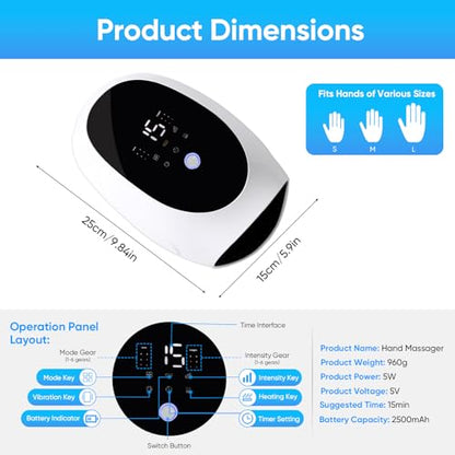 Hand Massager | Heat and Compression, Deep Kneading & Intermittent Negative Pressure Therapy, 6 Modes & Intensities