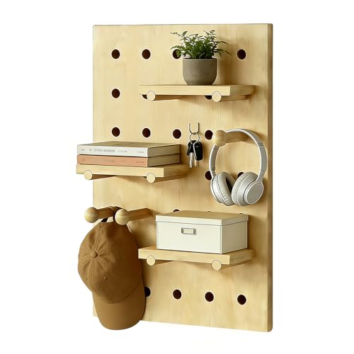 HJZALMI Pegboard Wall Organizer, Wood Pegboard Combination Kit with Shelves & Hooks, Modular Peg Board Panels Storage System for Office Organization Kitchen Bedroom, 15.7"x23.6"x0.6", Beige | Pegboard Combination Kit with Shelves & Hooks, Modular PegBoard