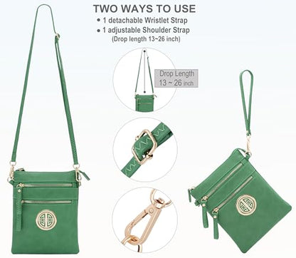 Solene Small Multi Zipper Pockets Crossbody Bag with Detachable Wristlet - color: Green