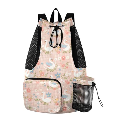 Drawstring Bags For Men Women Climbing Gym Bag With Inside Pockets Cinch Bags Waterproof Peach Spring Plaids Swan