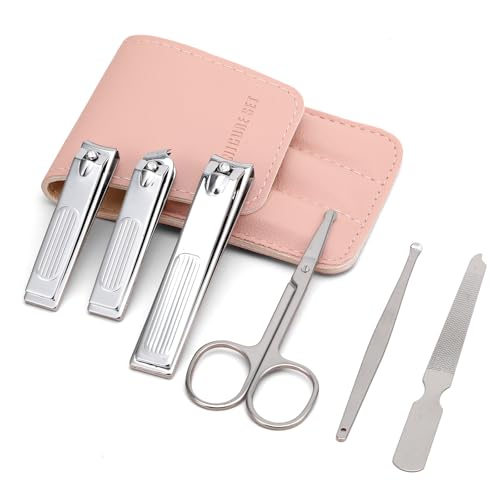 Nail Clipper Set for Women, 6 Pcs Stainless Steel Grooming Kits,Nail Care Tools with Pink Leather Bag for Adults, Suitable for Home, Workplace, Outdoor Travel, Gift Giving, Salon（Pink）