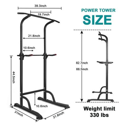 Power Tower Workout Station, Height Adjustable 66.5"-82.7" Multi-Function Dip Stand with 330 LBS Capacity, Pull Up Bar for Home Gym Strength Training, Heavy Duty Steel Frame, Black