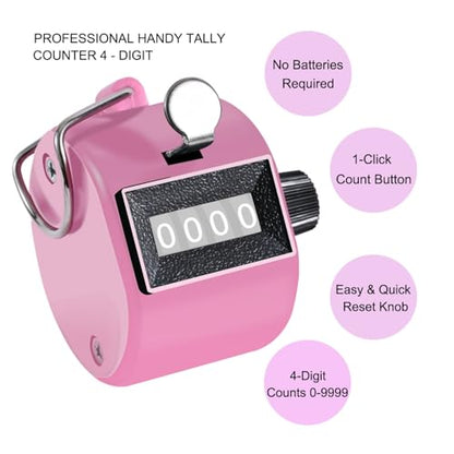 TESEAS Clicker Counter Handheld Tally Counter 4-Digit Number Counter, 2 Pack Hand Mechanical Counters Clickers Pitch Umpire Click Counter for Coaching, Knitting, People, Lap, Fishing, Golf, - color: Pink White
