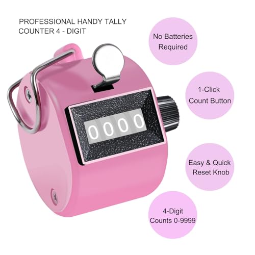 TESEAS Clicker Counter Handheld Tally Counter 4-Digit Number Counter, 2 Pack Hand Mechanical Counters Clickers Pitch Umpire Click Counter for Coaching, Knitting, People, Lap, Fishing, Golf, - color: 1pc pink