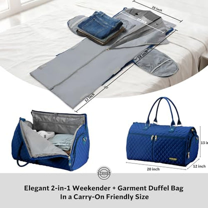 STOVER Women’s Convertible Garment Duffel Bag for Travel – 2-in-1 Carry-On Weekender/Overnight Tote - Wrinkle-Free Dresses, Suits & Clothes + Shoe Compartment & Bonus Toiletry Bag (Sapphire Blue) - color: Sapphire Blue