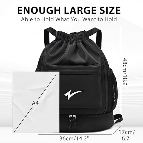 Sport Drawstring Backpack, Gym Bag with Mesh Side Pockets and Separate Shoe Compartment, Water-Resistant (Black) - color: Black