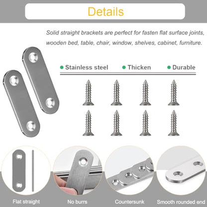 20PCS Straight Brace Brackets 2 Inch Stainless Steel Flat Mending Plates, Repair Fixing Joining Brackets for Wood Furniture with Screws - size: 1.81 inches (20 Pieces)