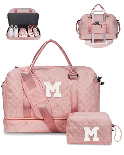 Travel Bag-Gifts for Daughter-Weekender Bags for Women-Gifts for | Teen Girls Initial Duffle Bag with Shoe Compartment, Kids Weekender Bags, Monogram Overnight bag, Sister Gifts (Letter M) - color: Pink, style: M