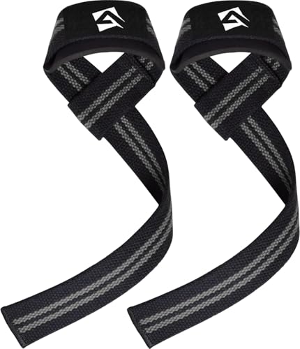 AQF Weight Lifting Straps, Padded Cotton Gym Wrist Straps for Deadlifts | 23" Extra-Long, Heavy-Duty Webbing, 5mm Neoprene Cushioning, Open-Loop Design, Sold as Pair, Ideal for Rows & Pull Workout - color: Black & Grey