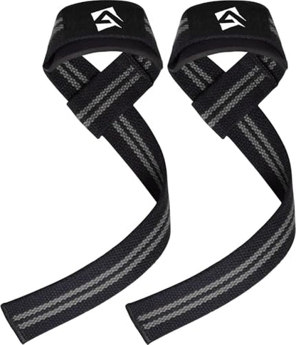 AQF Weight Lifting Straps, Padded Cotton Gym Wrist Straps for Deadlifts | 23" Extra-Long, Heavy-Duty Webbing, 5mm Neoprene Cushioning, Open-Loop Design, Sold as Pair, Ideal for Rows & Pull Workout - color: Black & Grey