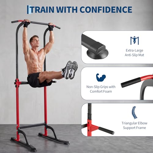 Power Tower Home Gym Strength Training Station Adjustable 10 Height Levels, Heavy-Duty Chin-Up Tower with Parallel Dip Handles, Bodyweight Workout Equipment for Pull-Ups, Dips, Knee Raises, Push-Ups, 330 Lb Capacity - color: Red
