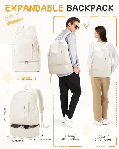 BJLFS Gym Backpack for Women Foldable Outdoor Weekender Gym Bag with Shoe Compartment & Wet Pocket, Waterproof Sports Backpack, Dance Back Pack & Yoga Track Bag-Beige - color: White