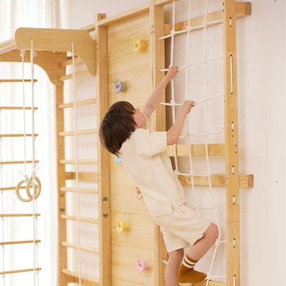 Avenlur Walnut Modular 9-in-1 Swedish Ladder Wall Gym, Kids Climbing Wall | 94.5-Inch Modular Indoor Playground & Jungle Gym: Rock Climbing Wall for Kids, Monkey Bars, Slide, Swing, Rope Net