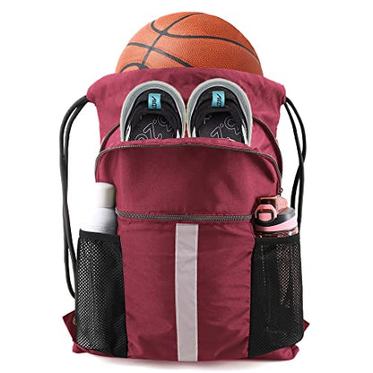 BeeGreen Drawstring Backpack Bag with Shoe Compartment, X-Large Black Gym Sports String Cinch Backpack - color: Wine Red