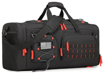 50L Tactical Gym Bag for Men and Women with Shoe & Laptop Compartment | Extra Large Duffle Bag, 3-in-1 Travel Sports Duffel Bags MOLLE Weekender Overnight Bag for Gym, Travel, Black+Red - color: Black+Red