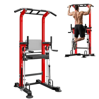 SogesPower Power Tower Multi-Function Pull Up Bar Station for Home Gym | 10-Level Height& 5-Level Armrest Adjustable,2-IN-1 Assisted Pad,Pull Up Dip Station Strength Training Workout Equipment - color: Red