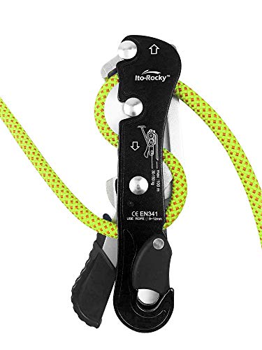 Self-Braking Stop Descender - CE Certified Rescue & Climbing Gear | Auto-Braking with Anti-Panic Function for Rescue, Cave Rappelling, Aerial Work, and Emergency Escape, Fits 9-12mm ropes - color: Black Descender