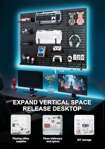 Pegboard Wall Organizer Kit – Heavy Duty 20lbs Load Bearing, Easy Installation, 4 Peg Board Panels 14 Accessories – Multi-Surface Use For Garage, Office, Kitchen & Crafts (Black Pegboard,24″×24″) | 24 x 24 Inch Modular Peg Board Panels with 14 Accessories