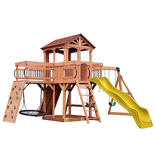 Backyard Discovery Sterling Point Cedar Wood Swing Set with Wave Slide, Raised Clubhouse, Wooden Bridge, Rock Wall, Belt Swings, Web Swing, Trapeze, Balcony, Climbing Wall, Ladder, Outdoor Playset - color: Yellow Slide, style: Cedar