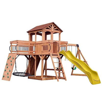 Backyard Discovery Sterling Point Cedar Wood Swing Set with Wave Slide, Raised Clubhouse, Wooden Bridge, Rock Wall, Belt Swings, Web Swing, Trapeze, Balcony, Climbing Wall, Ladder, Outdoor Playset - color: Yellow Slide, style: Cedar