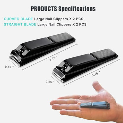 Large Nail Clippers Set for Thick Nails, Straight & Curved Edge | Heavy Duty Toenail Clippers,4 PCS Set Black,Stainless Steel Fingernail & Toe Nail Clippers with File for Men Women Adults - color: Black