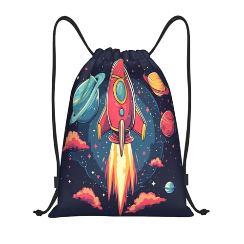 Drawstring Sports Backpacks - Lightweight Swim Gym Bags for Women Men String Sackpack for Beach Travel Yoga(Medium, Cartoon Rocket) - color: Cartoon Rocket, size: Medium