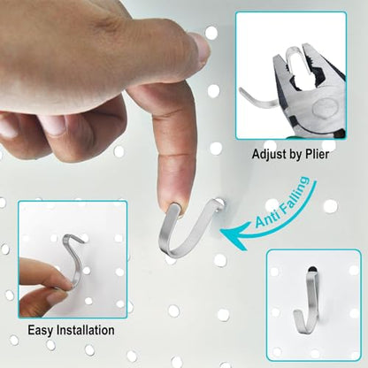 Pegboard J Hooks Silver 80pcs Peg Board Metal Tool Hangers for Garage Craft | 1/4" Pegboard Accessories, Stainless Steel Hooks with A Small Plier, Adjustable J Hook for Slot Panels, Wire Shelving, Racks - style: 80pcs Silver J Hooks