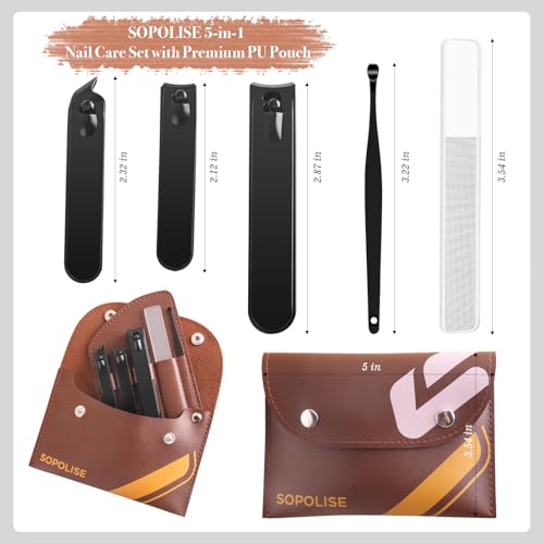 Manicure Set, 5 Piece Nail Care Kit with Carbon Steel Tools (Cuticle Nipper, Small & Large Nail Clippers, Ear Pick, Glass File), Portable Grooming Pouch, Manicure Set Nail Clippers(Brown) - color: Brown