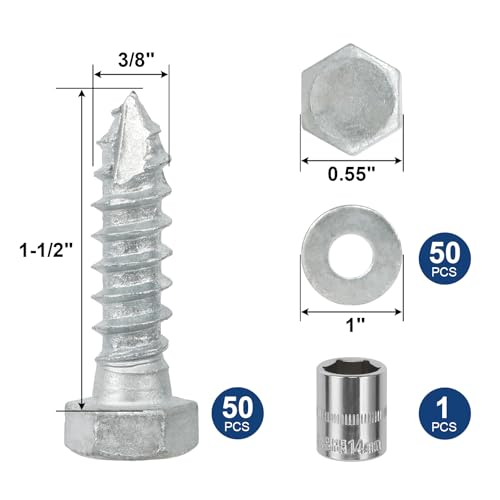 3/8" x 1-1/2" Lag Screws Bolts with Washers(50Pcs) | Hot Dip Galvanized Hex Head Lag Screws, Heavy Duty Lag Bolts for Wood, TV Mounts, Deck, Boat Repair - size: 3/8x1-1/2in