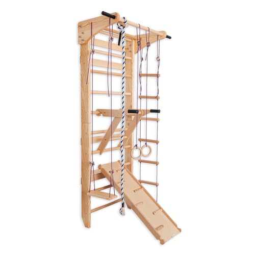 Swedish Ladder Wall Bars with Pull-Up Bar for Kids & Adults – Wooden Stall Bars Home Gym with Gymnastic Rings, Slide, Swing, Climbing Rope & Rope Ladder